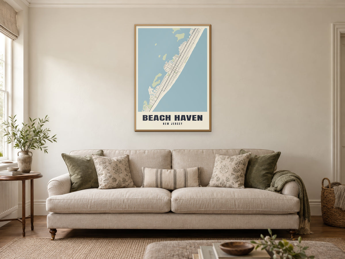 Beach Haven Street Map Poster at A1, in a natural wood frame, in a sitting room