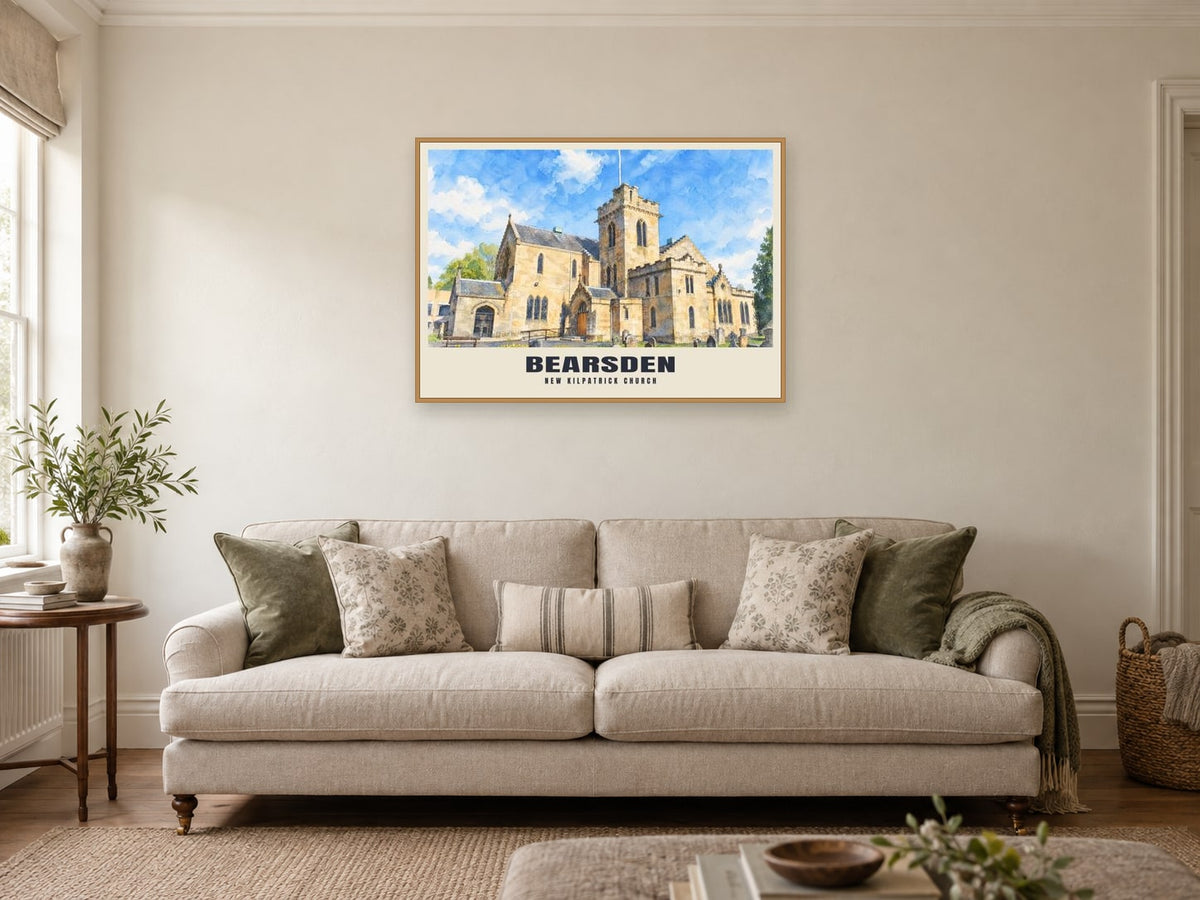 New Kilpatrick Church, Bearsden Poster at A1, in a natural wood frame, in a sitting room