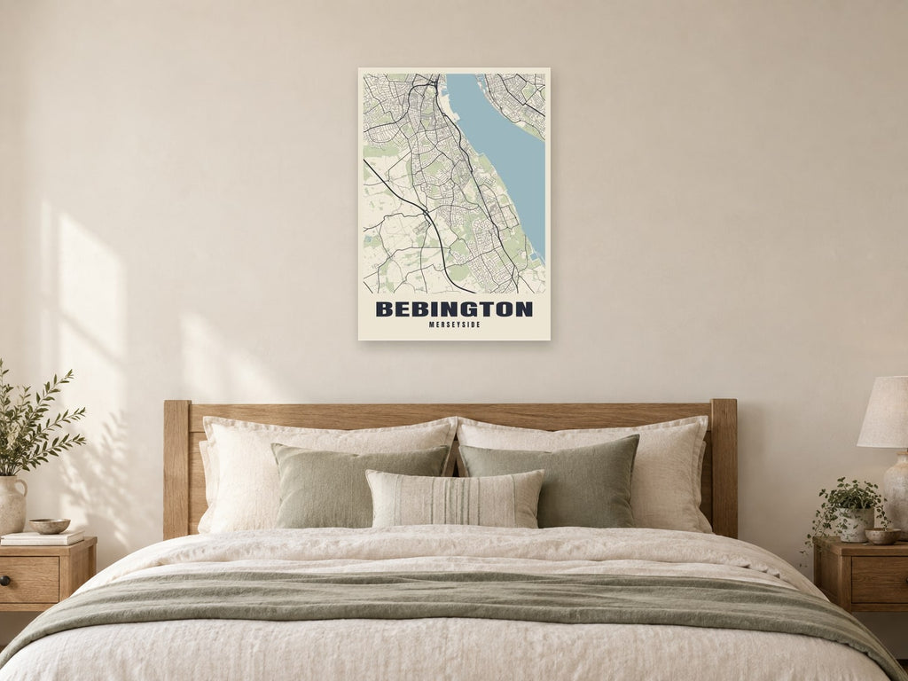 Bebington Street Map Poster at A1, as a poster, above a bed