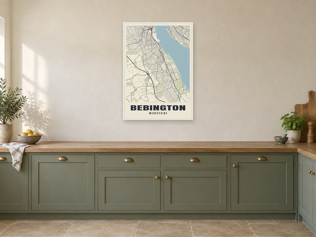 Bebington Street Map Poster at A1, in a white frame, in a kitchen