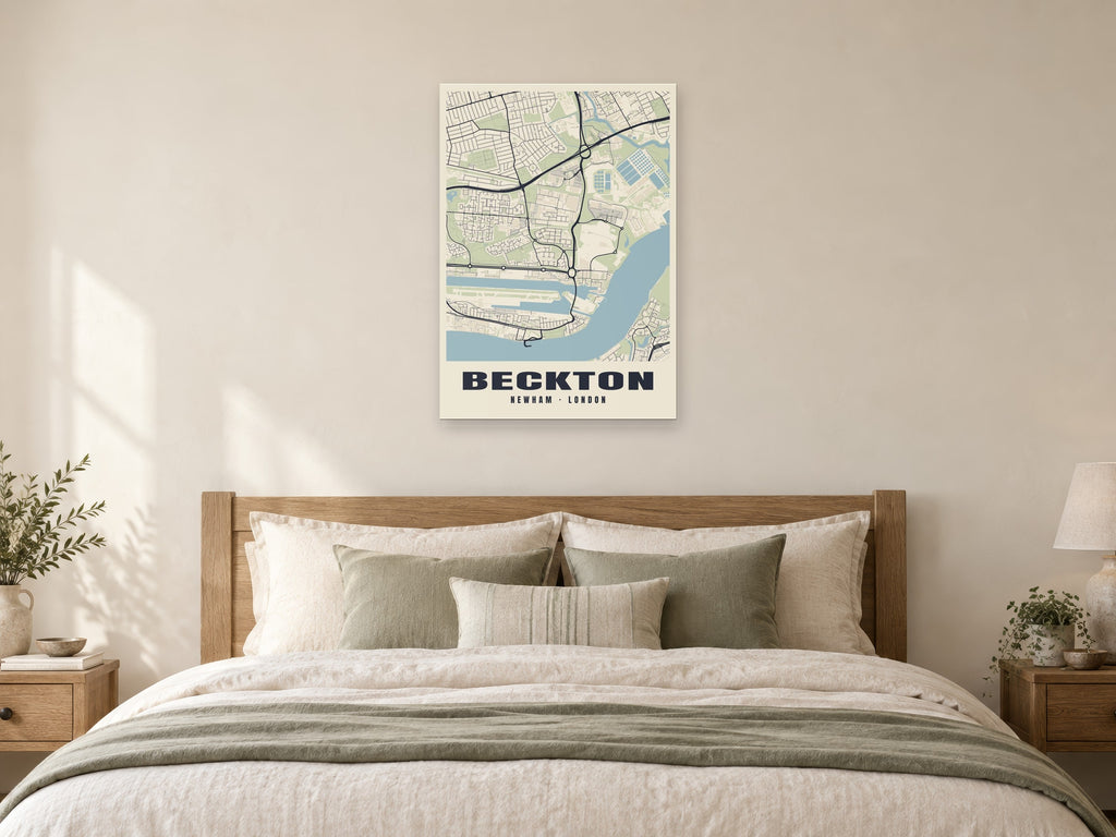Beckton Heritage Street Map Poster at A1, as a poster, above a bed