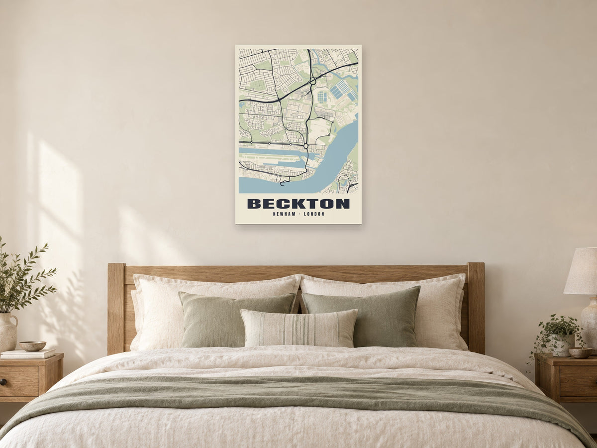 Beckton Heritage Street Map Poster at A1, as a poster, above a bed