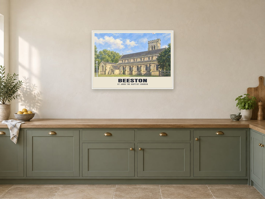 St John the Baptist Church, Beeston Poster at A1, in a white frame, in a kitchen