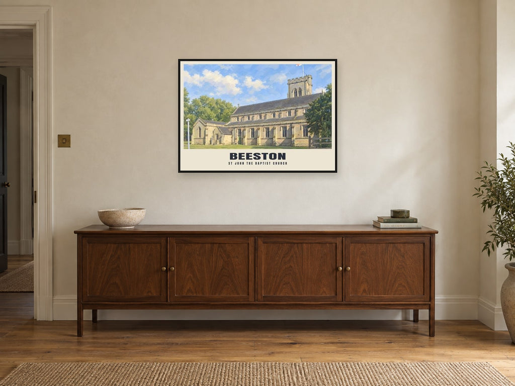 St John the Baptist Church, Beeston Poster at A1, in a black frame, above a sideboard