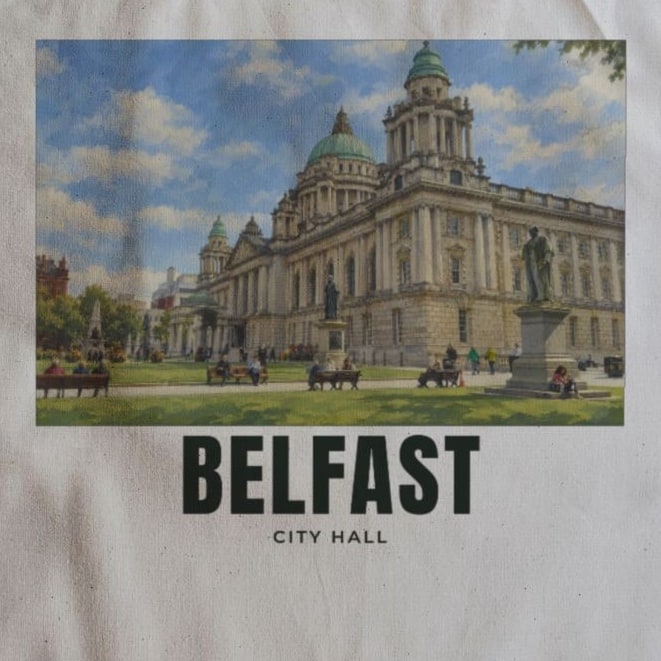 Close-up of the City Hall, Belfast drawing and lettering printed on natural cotton