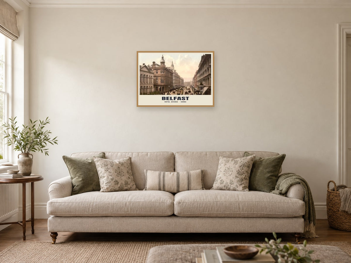 Royal Avenue, Belfast, 1890s Heritage Print at A2, in a natural wood frame, in a sitting room