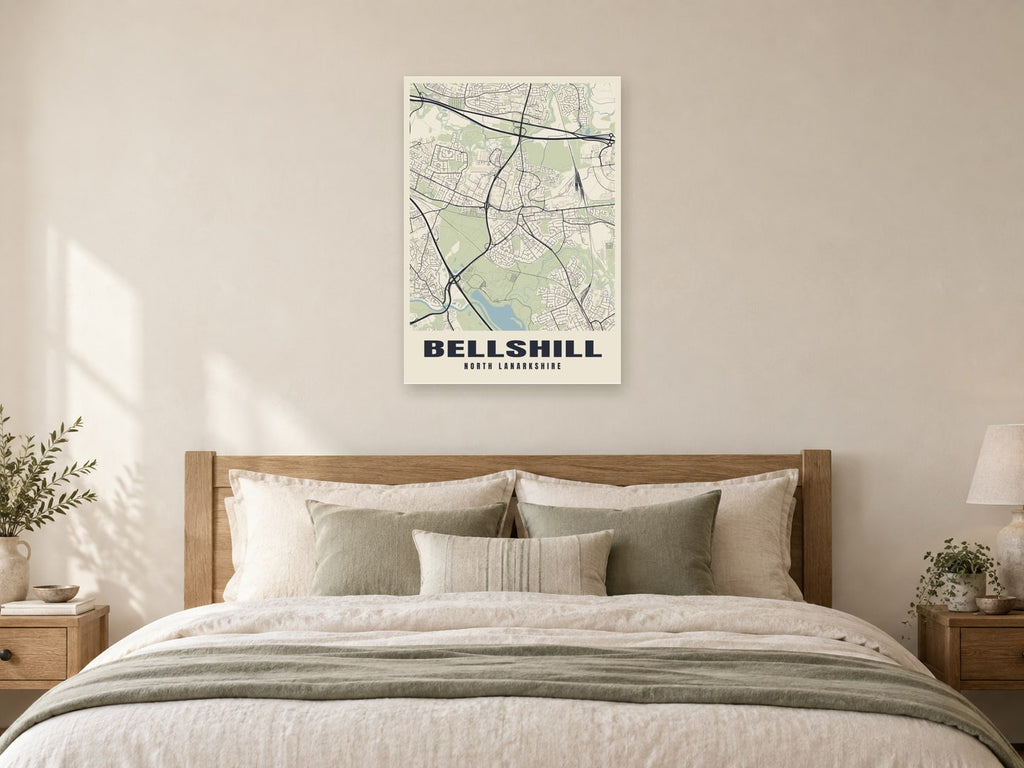 Bellshill Street Map Poster at A1, as a poster, above a bed