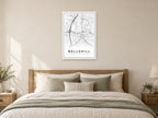 Bellshill Town Centre Street Map Poster at A1, as a poster, above a bed