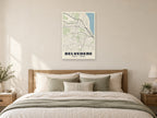 Belvedere Heritage Street Map Poster at A1, as a poster, above a bed