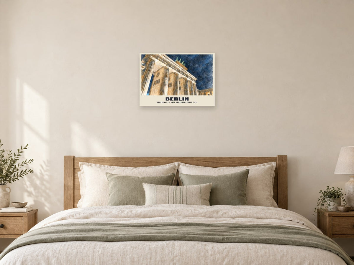 Brandenburg Gate (Brandenburger Tor), Berlin English Watercolour Poster at A2, as a poster, above a bed