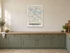 Bermondsey Heritage Street Map Poster at A1, in a white frame, in a kitchen