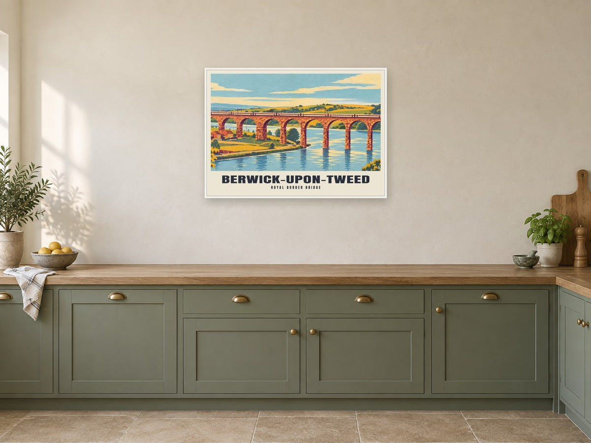 Royal Border Bridge, Berwick-upon-Tweed Poster at A1, in a white frame, in a kitchen