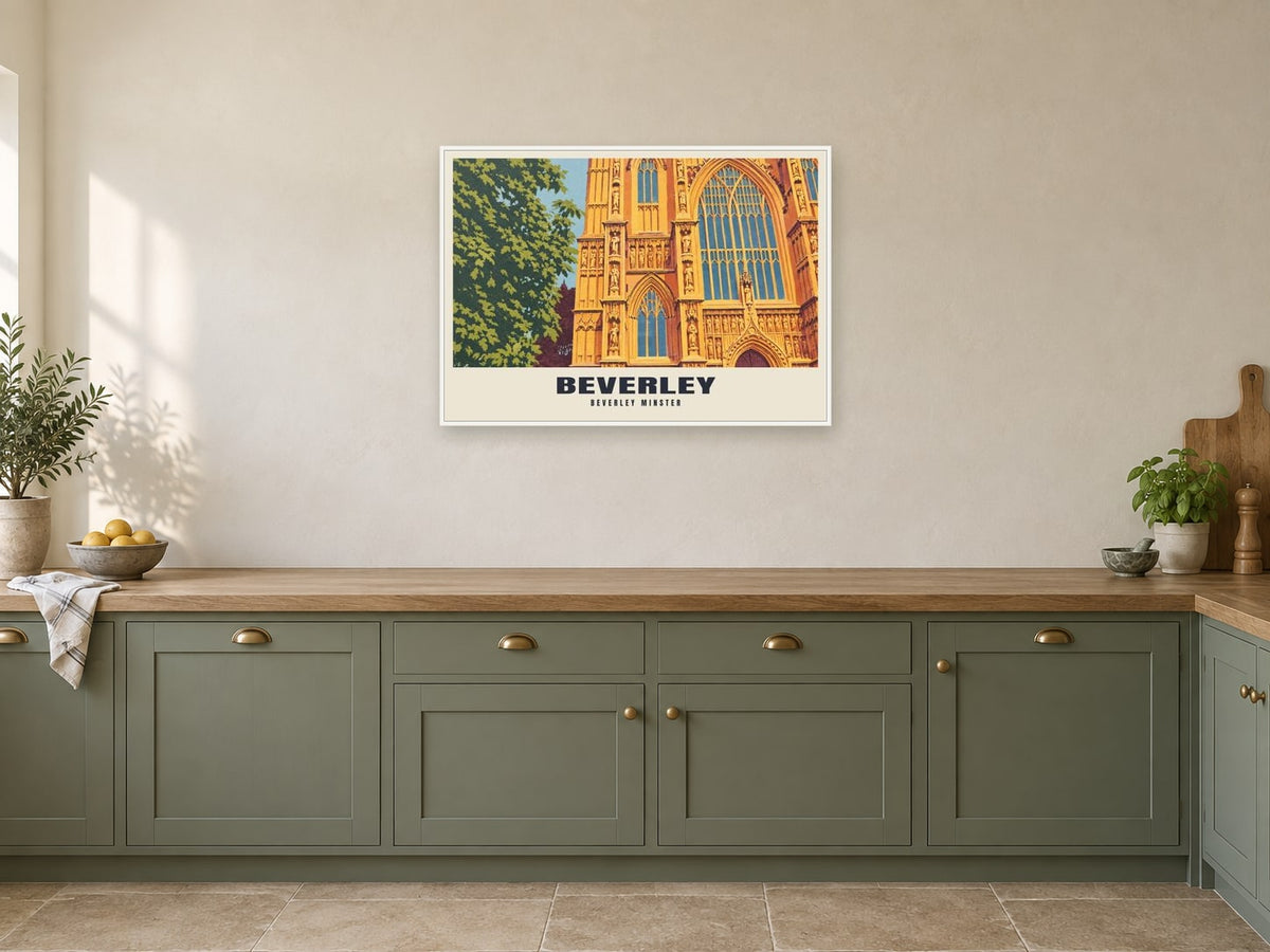 Beverley Minster Poster at A1, in a white frame, in a kitchen