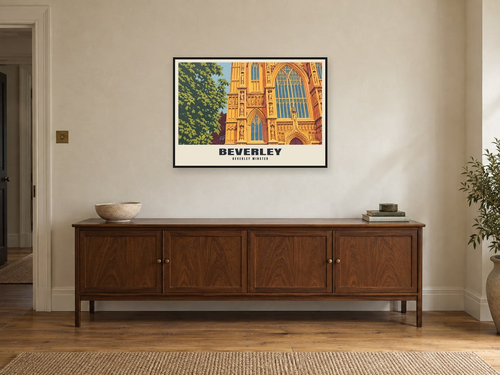 Beverley Minster Poster at A1, in a black frame, above a sideboard