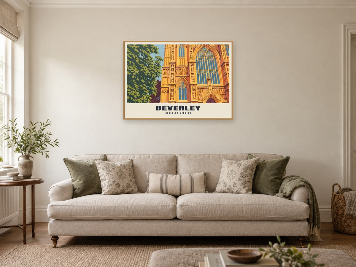Beverley Minster Poster at A1, in a natural wood frame, in a sitting room