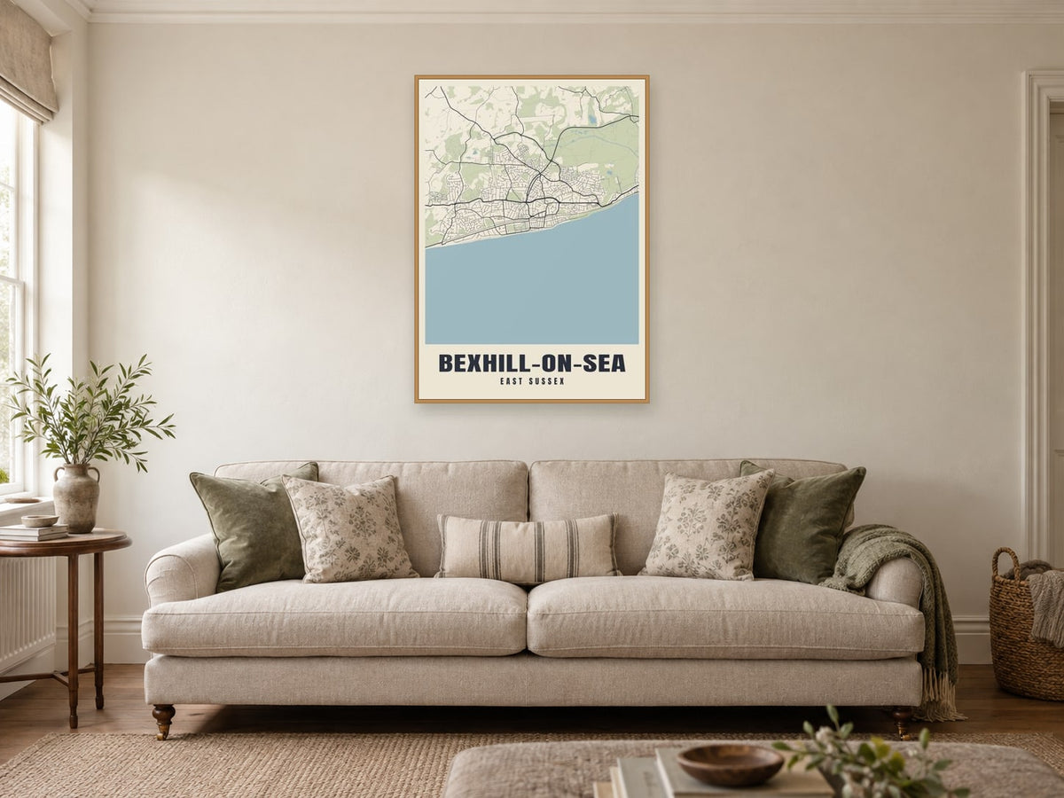 Bexhill-on-Sea Street Map Poster at A1, in a natural wood frame, in a sitting room