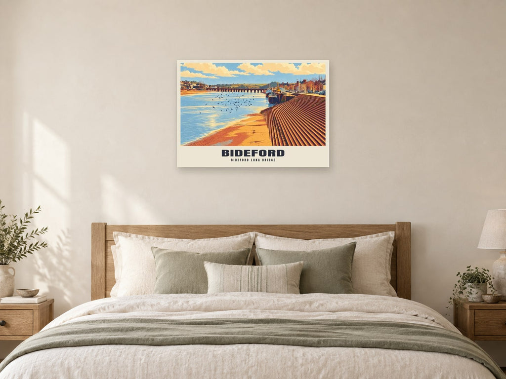 Bideford Long Bridge Poster at A1, as a poster, above a bed