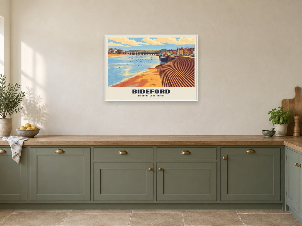 Bideford Long Bridge Poster at A1, in a white frame, in a kitchen