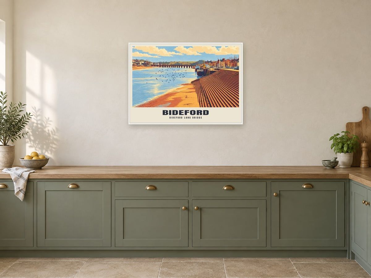 Bideford Long Bridge Poster at A1, in a white frame, in a kitchen