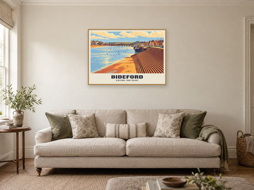 Bideford Long Bridge Poster at A1, in a natural wood frame, in a sitting room