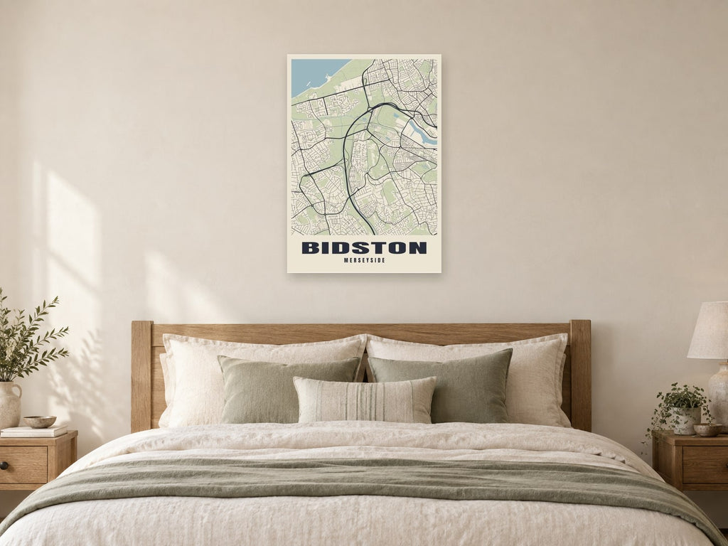 Bidston Street Map Poster at A1, as a poster, above a bed