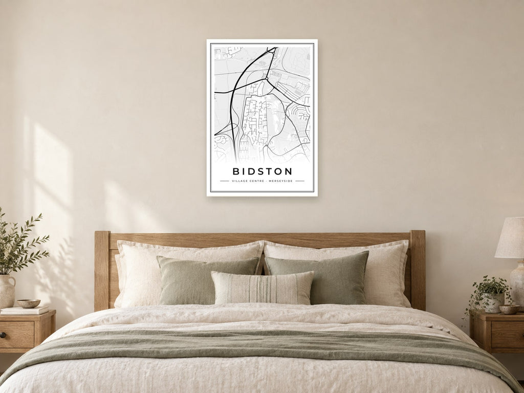Bidston Village Centre Street Map Poster at A1, as a poster, above a bed