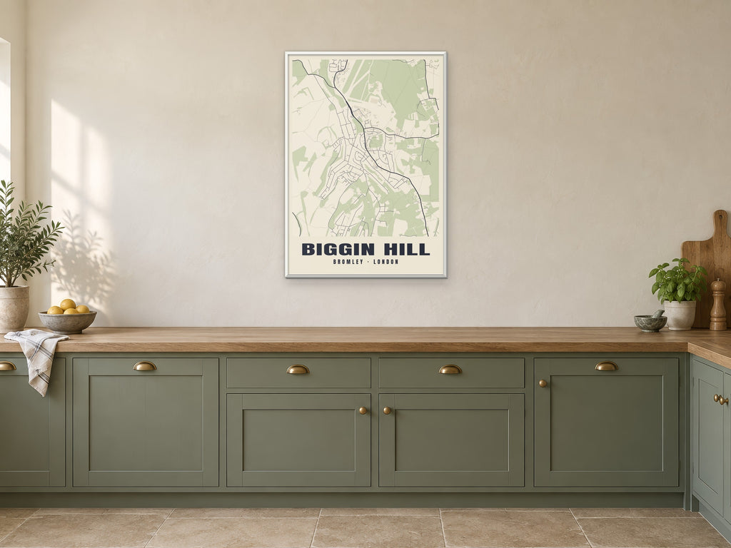 Biggin Hill Heritage Street Map Poster at A1, in a white frame, in a kitchen