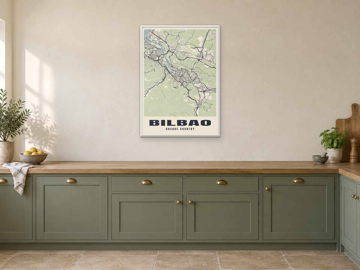 Bilbao Street Map Poster at A1, in a white frame, in a kitchen