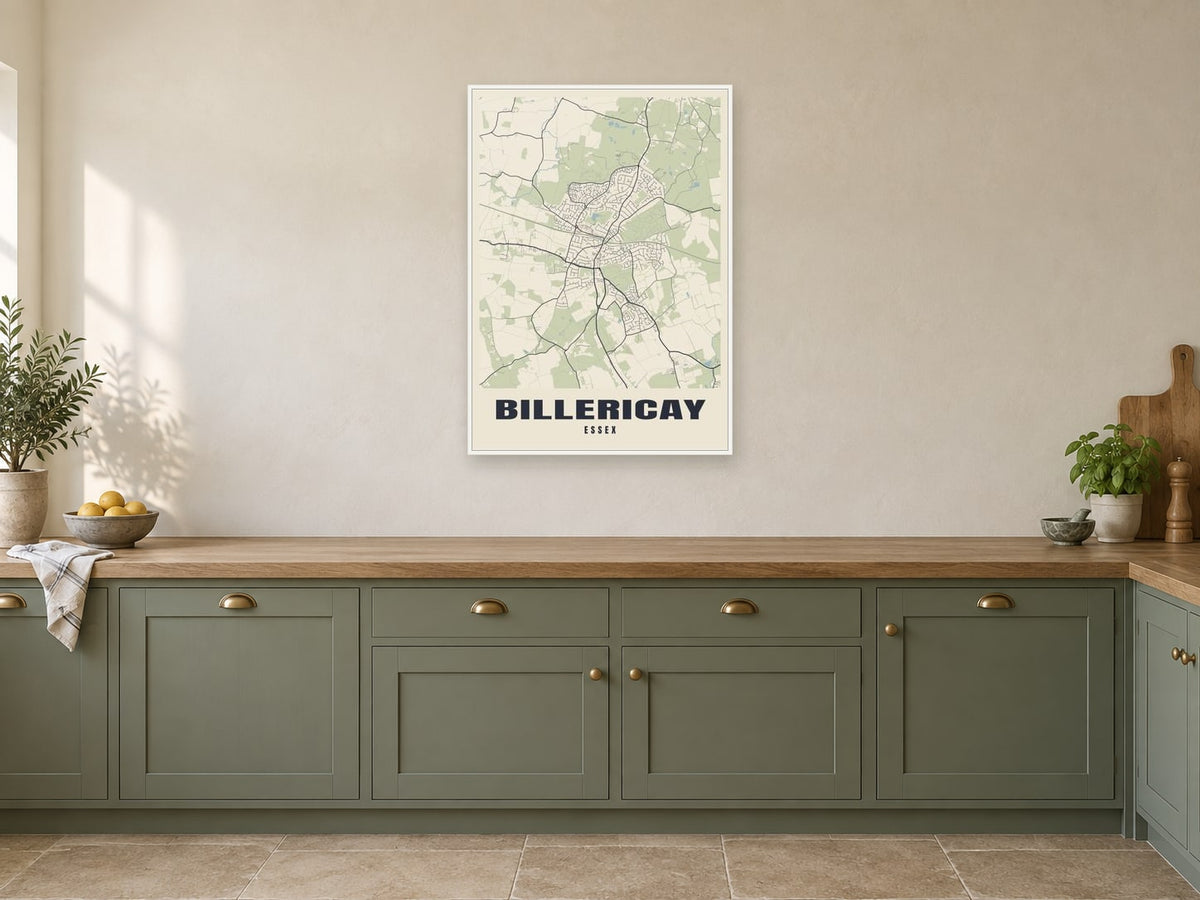 Billericay Street Map Poster at A1, in a white frame, in a kitchen