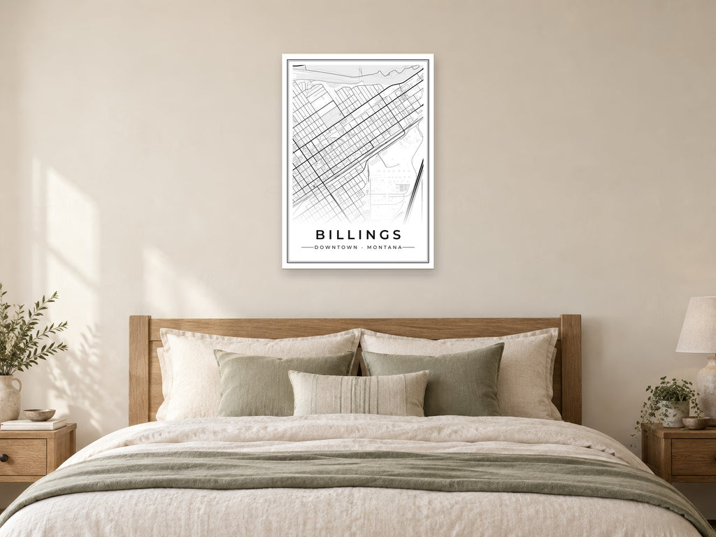 Billings Downtown Street Map Poster at A1, as a poster, above a bed