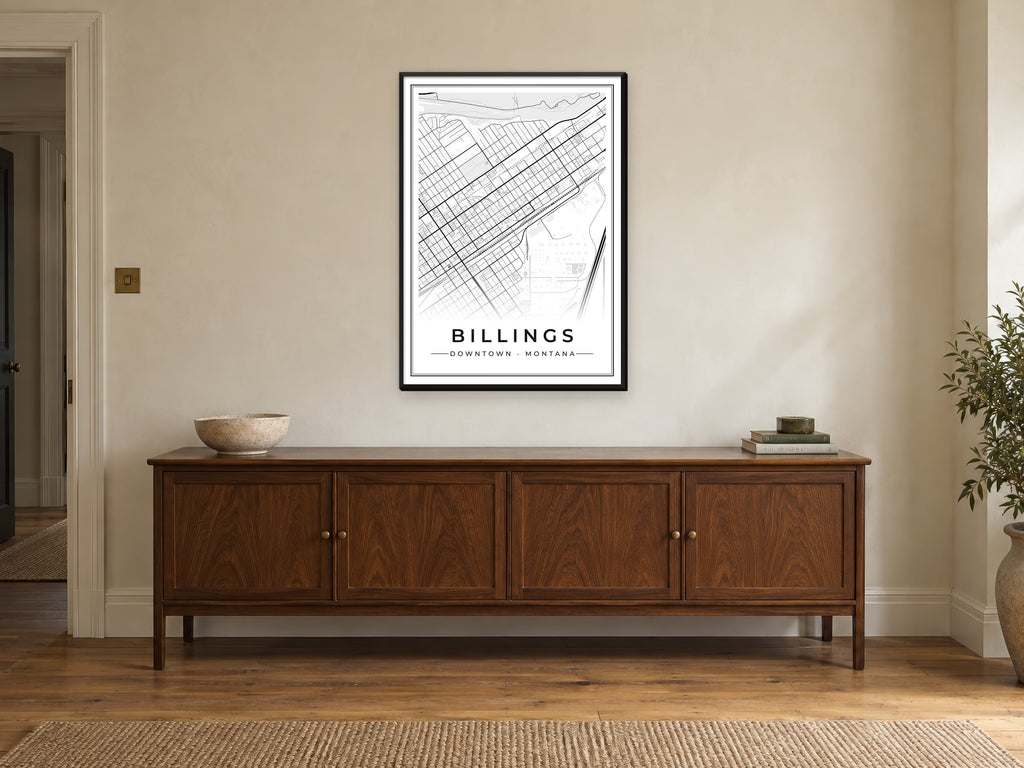 Billings Downtown Street Map Poster at A1, in a black frame, above a sideboard