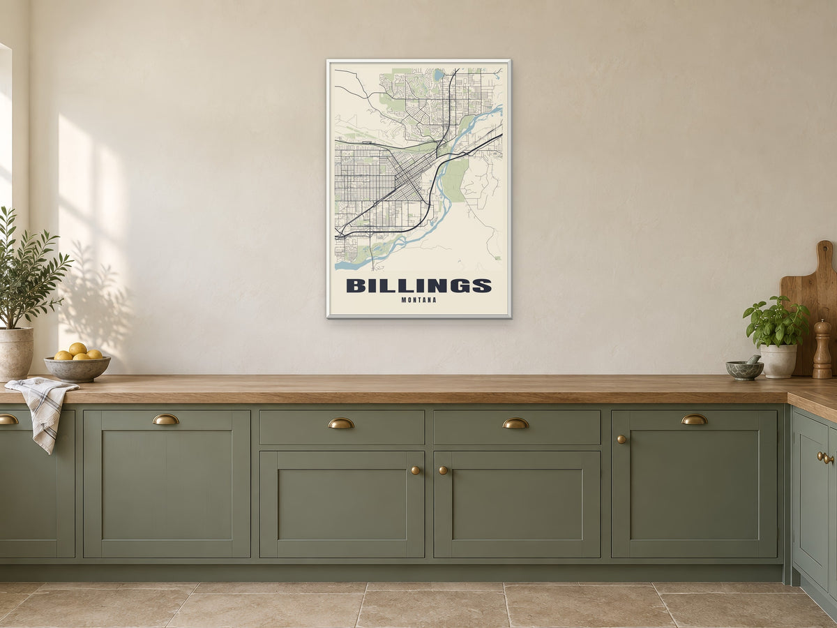 Billings Street Map Poster at A1, in a white frame, in a kitchen