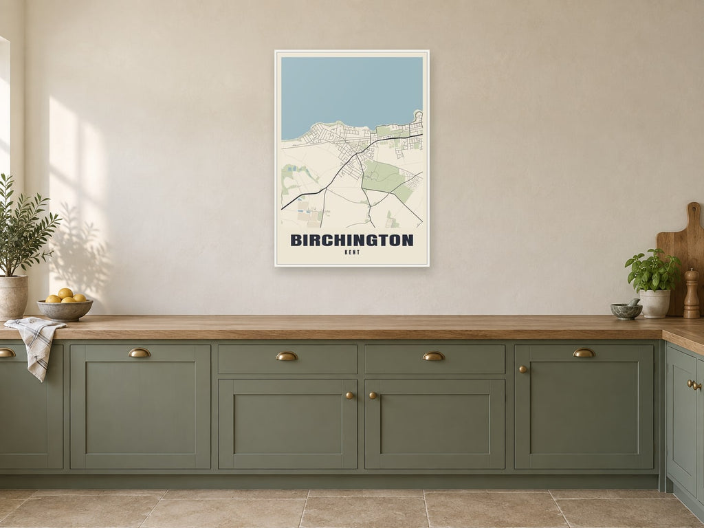 Birchington Street Map Poster at A1, in a white frame, in a kitchen