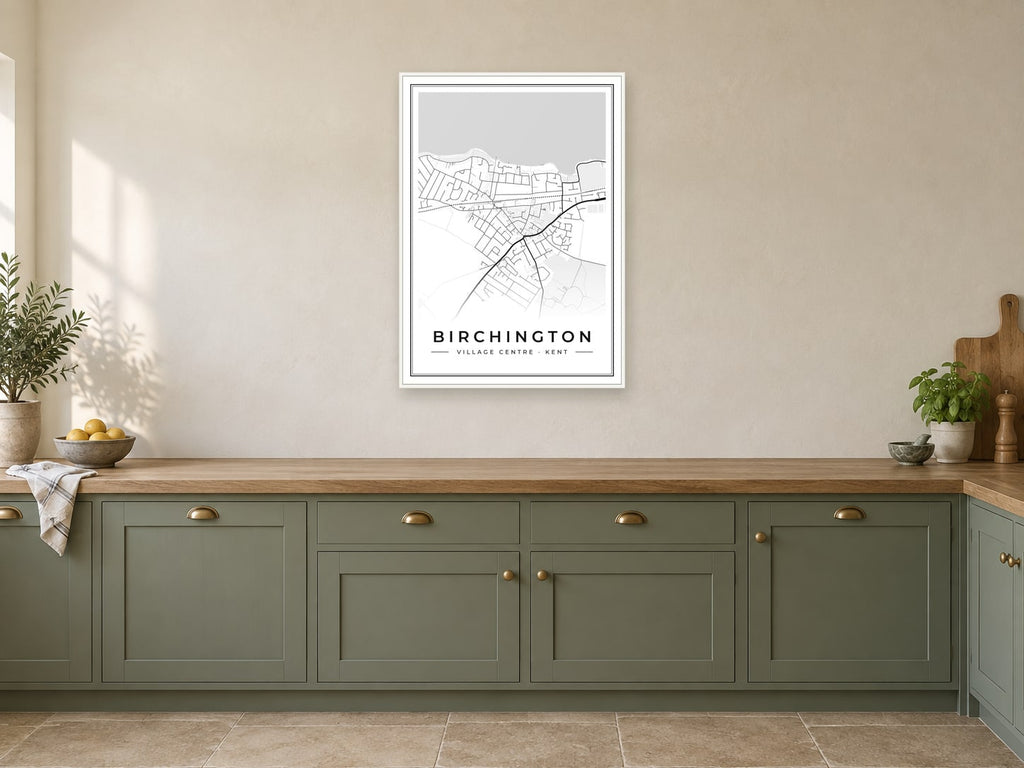 Birchington Village Centre Street Map Poster at A1, in a white frame, in a kitchen