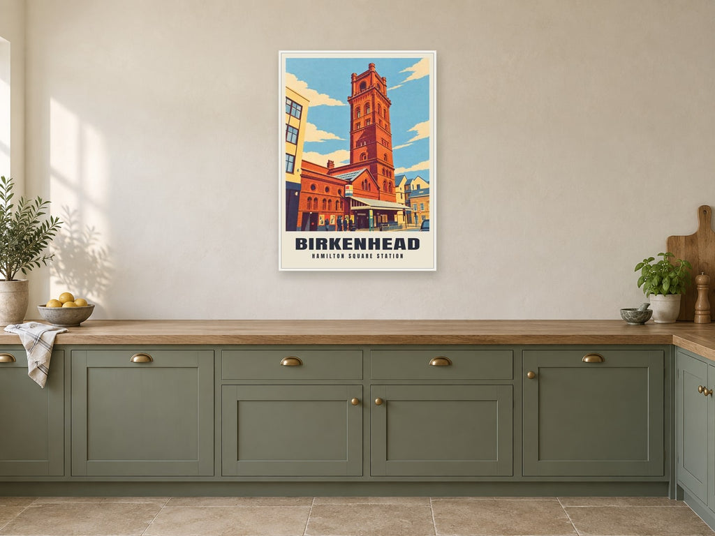 Hamilton Square Station, Birkenhead Poster at A1, in a white frame, in a kitchen