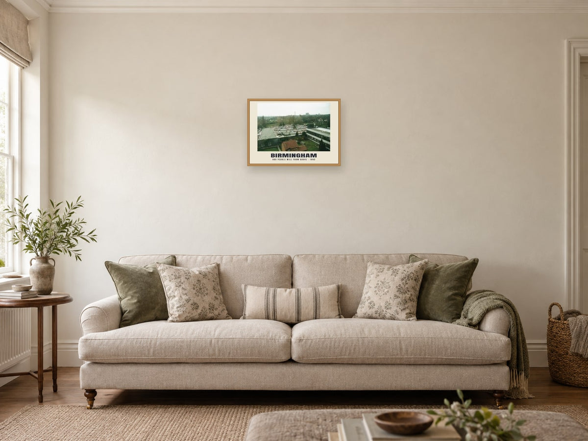 BBC Pebble Mill from above, Birmingham, 1992 Heritage Print at A3, in a natural wood frame, in a sitting room