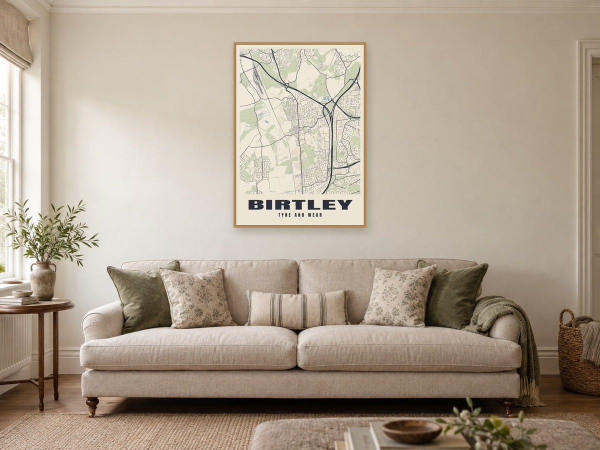 Birtley Street Map Poster at A1, in a natural wood frame, in a sitting room