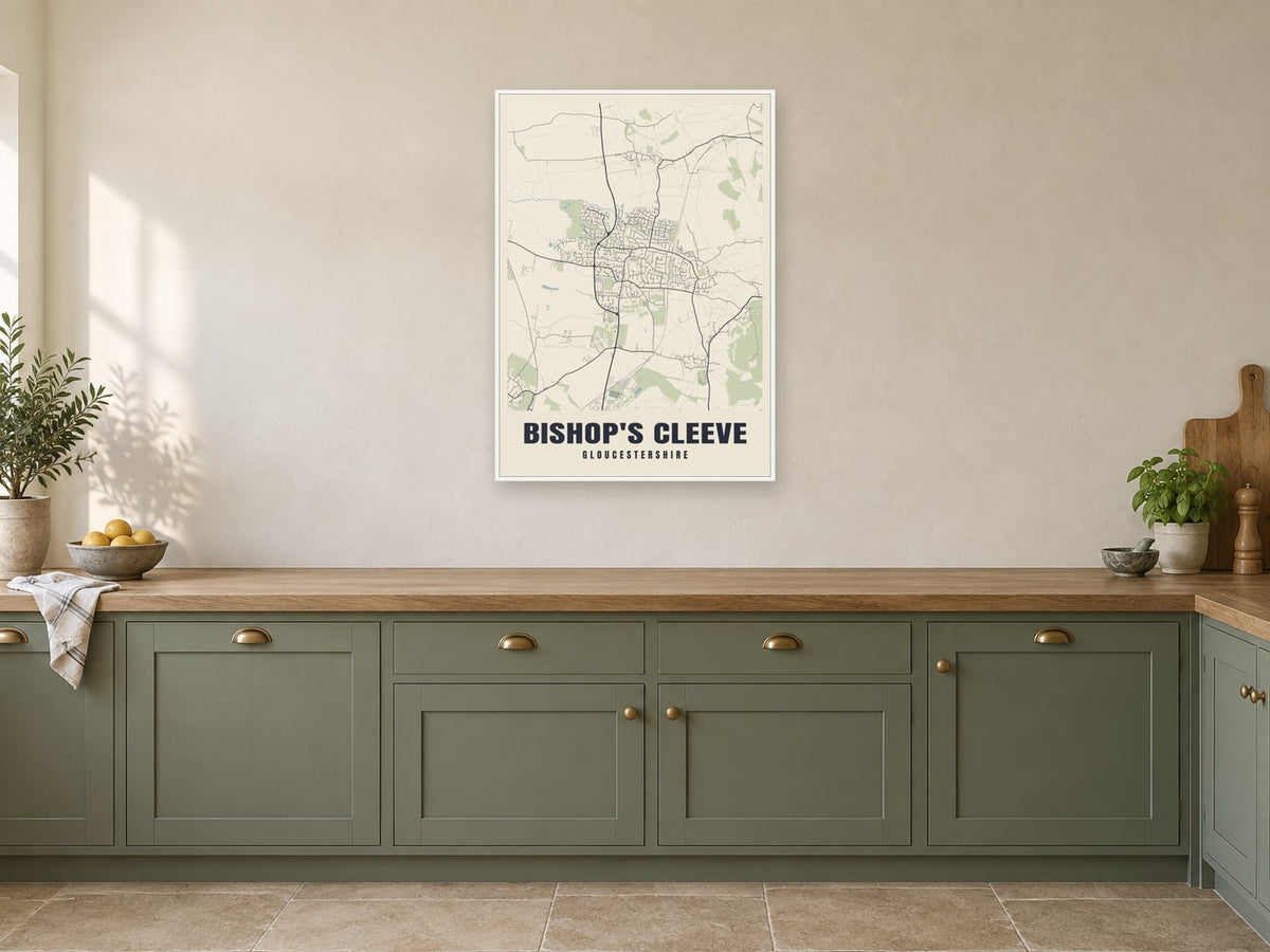 Bishop's Cleeve Street Map Poster at A1, in a white frame, in a kitchen