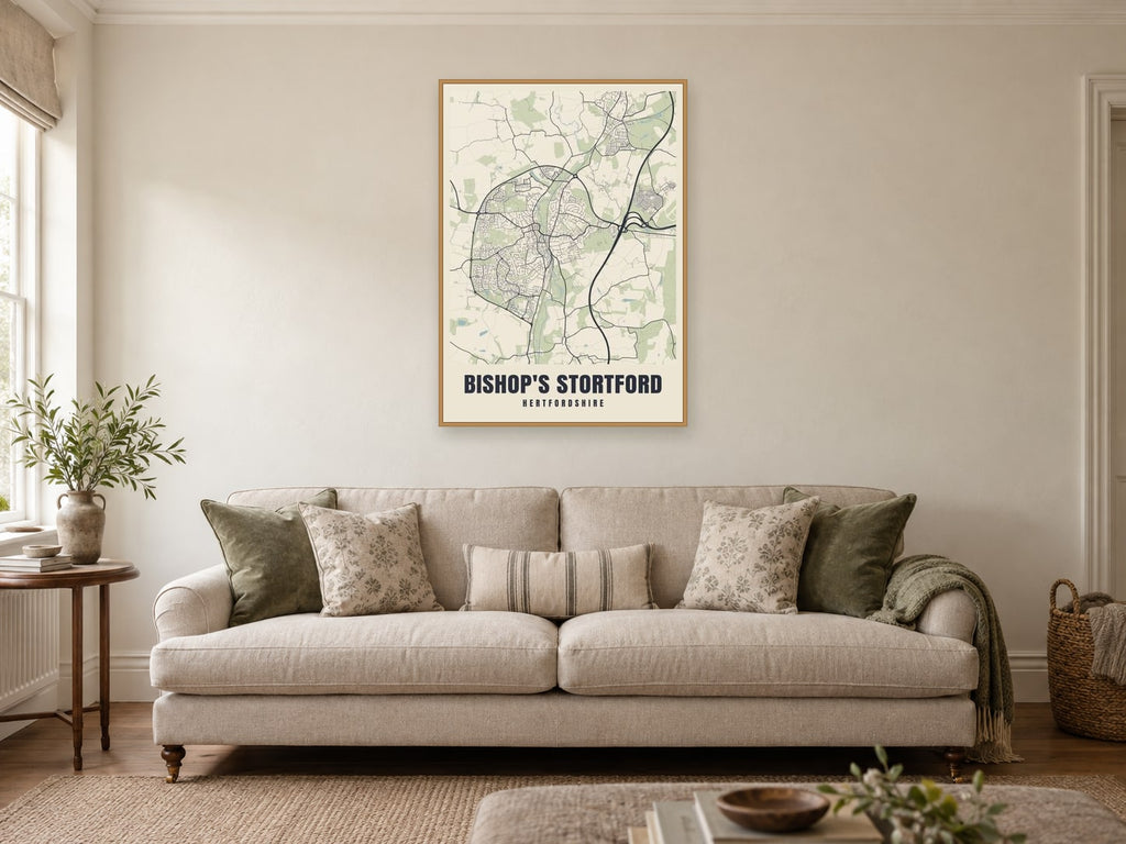 Bishop's Stortford Street Map Poster at A1, in a natural wood frame, in a sitting room