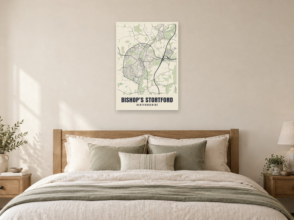 Bishop's Stortford Street Map Poster at A1, as a poster, above a bed
