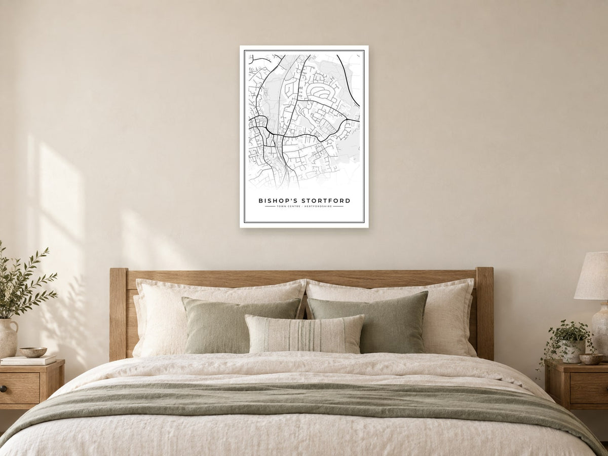 Bishop's Stortford Town Centre Street Map Poster at A1, as a poster, above a bed