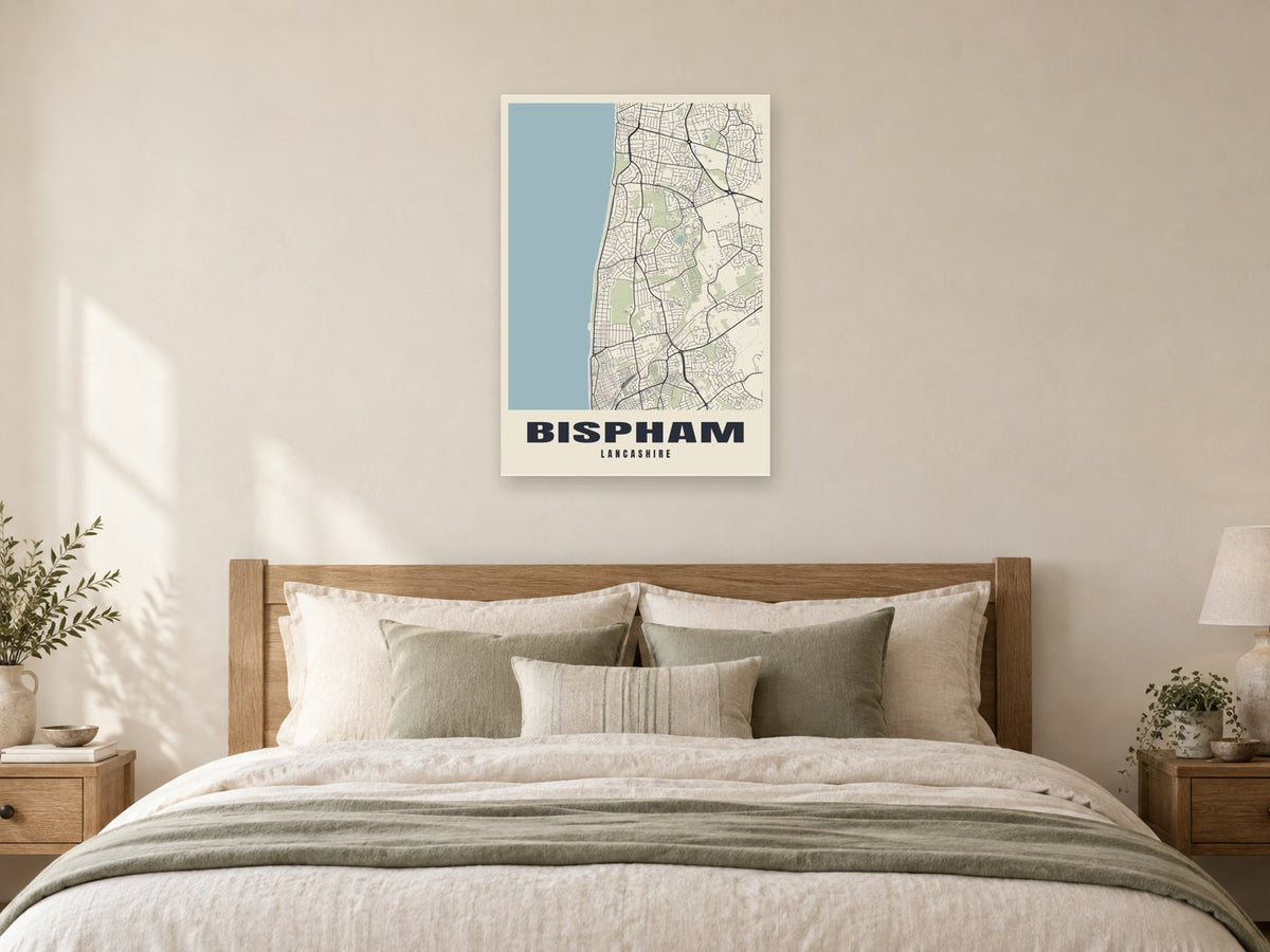 Bispham Street Map Poster at A1, as a poster, above a bed