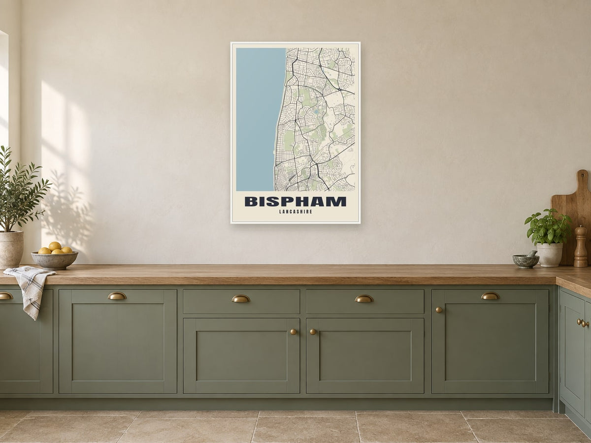 Bispham Street Map Poster at A1, in a white frame, in a kitchen