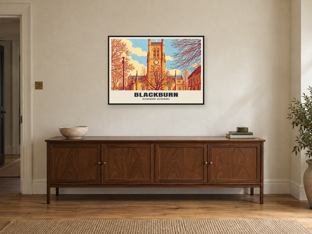 Blackburn Cathedral Poster at A1, in a black frame, above a sideboard
