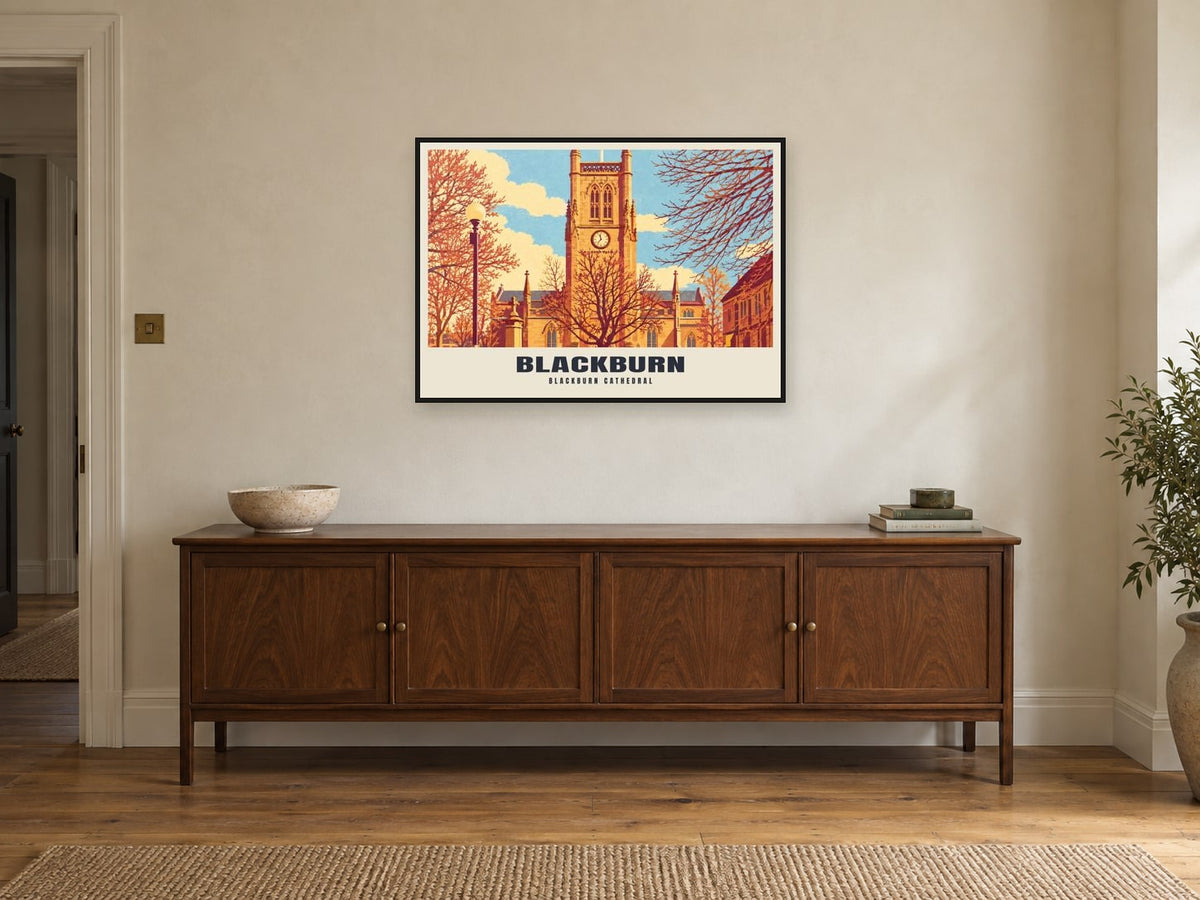 Blackburn Cathedral Poster at A1, in a black frame, above a sideboard