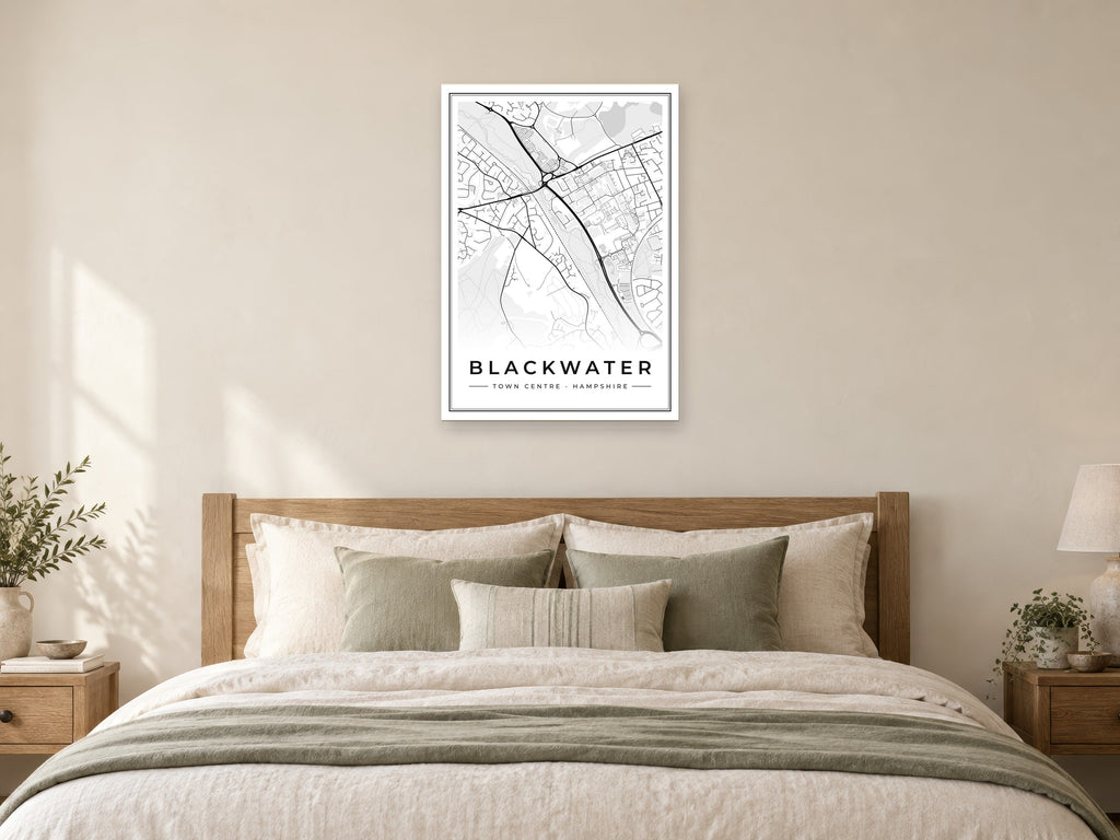 Blackwater Town Centre Street Map Poster at A1, as a poster, above a bed