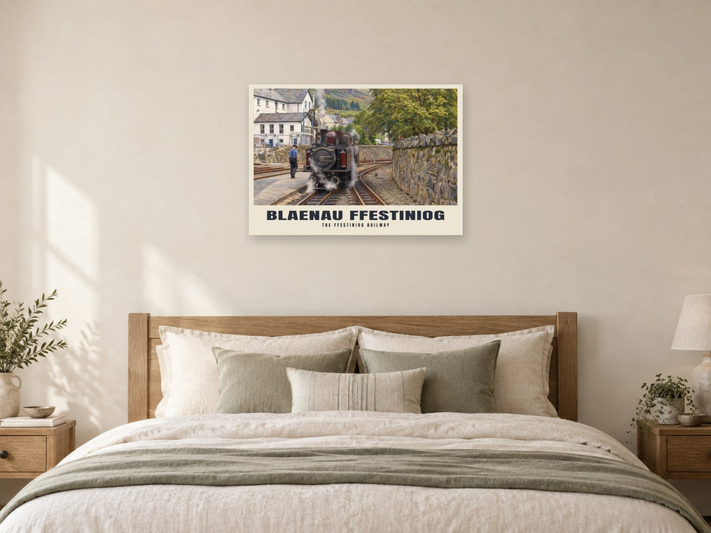 The Ffestiniog Railway, Blaenau Ffestiniog Poster at A1, as a poster, above a bed