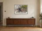 The Ffestiniog Railway, Blaenau Ffestiniog Poster at A1, in a black frame, above a sideboard