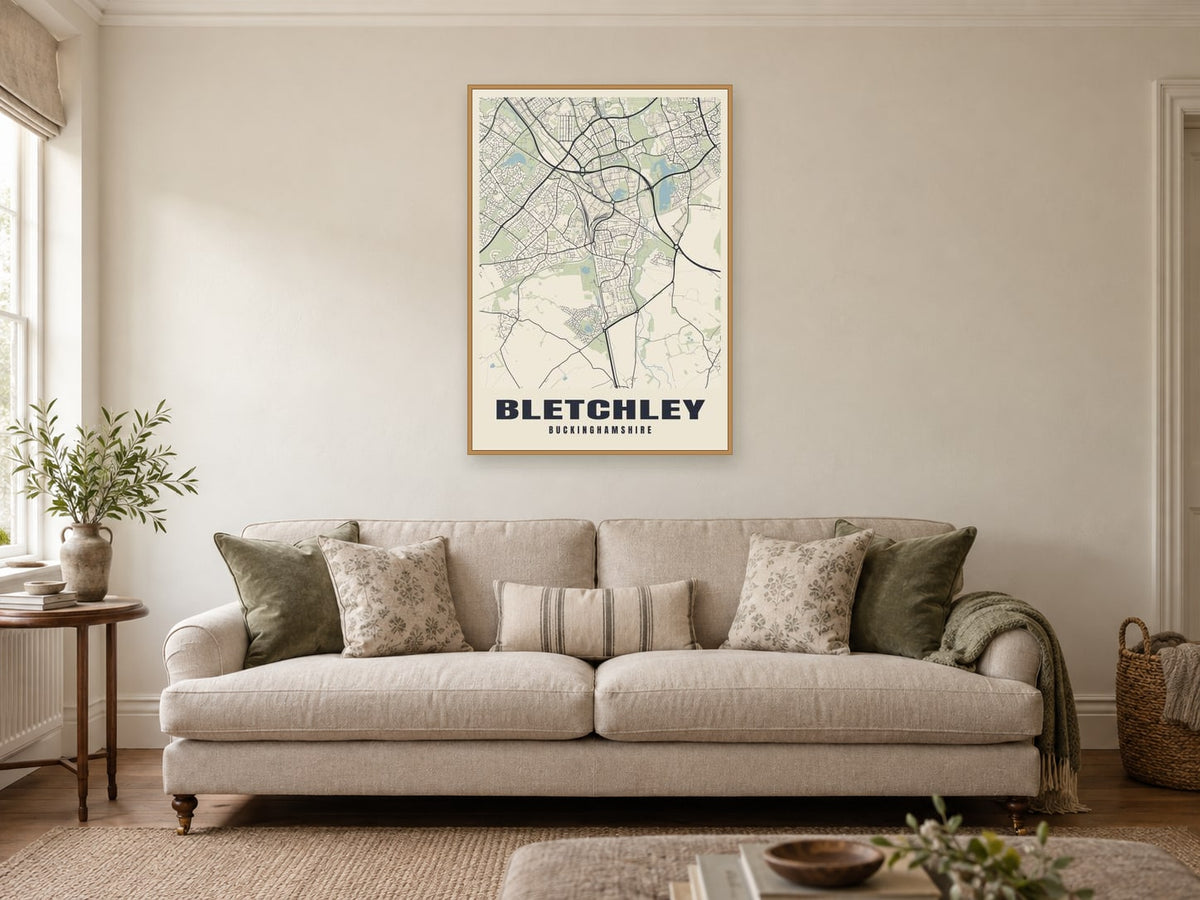 Bletchley Street Map Poster at A1, in a natural wood frame, in a sitting room