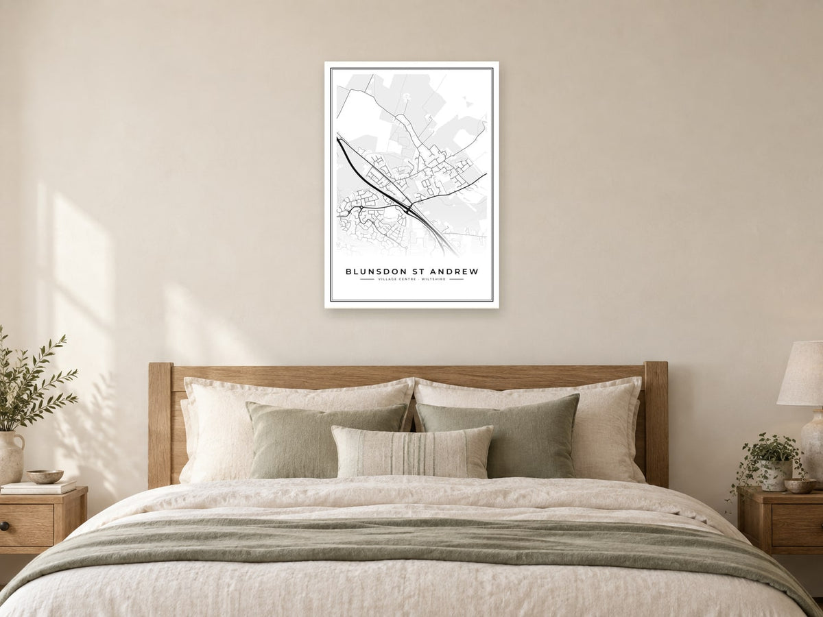 Blunsdon St Andrew Village Centre Street Map Poster at A1, as a poster, above a bed